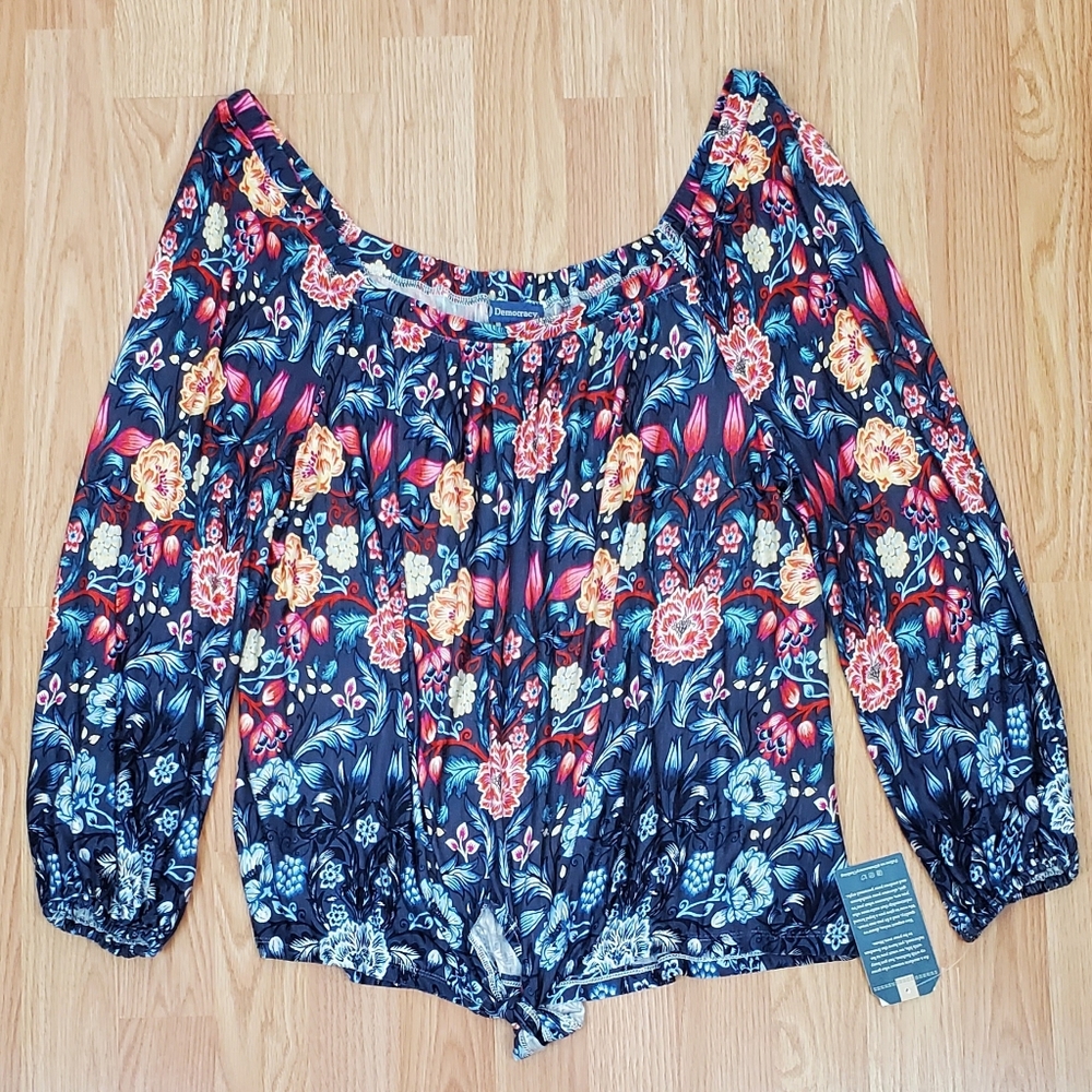 Democracy floral print long sleeve square neck off the shoulder top blouse